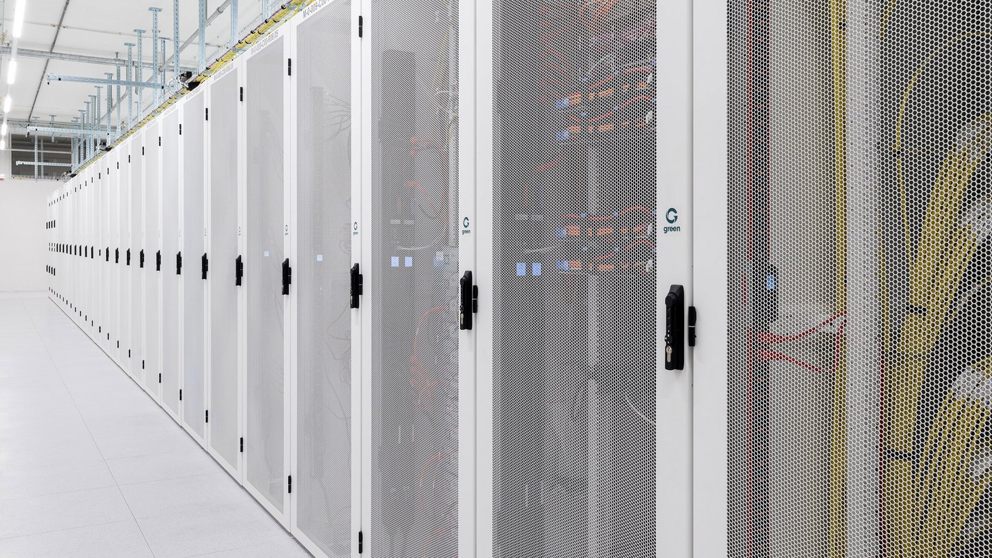 Green data center aisle with racks