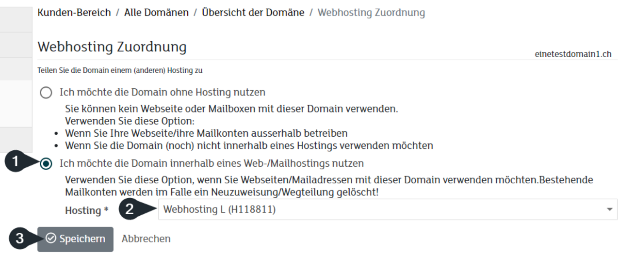 [Translate to Englisch:] Domain an Webhosting zuweisen