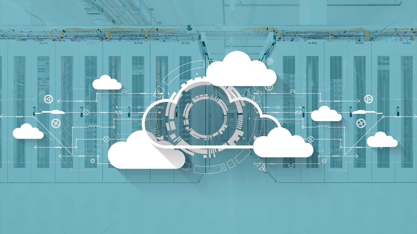 Server room in Green data center with cloud visualization