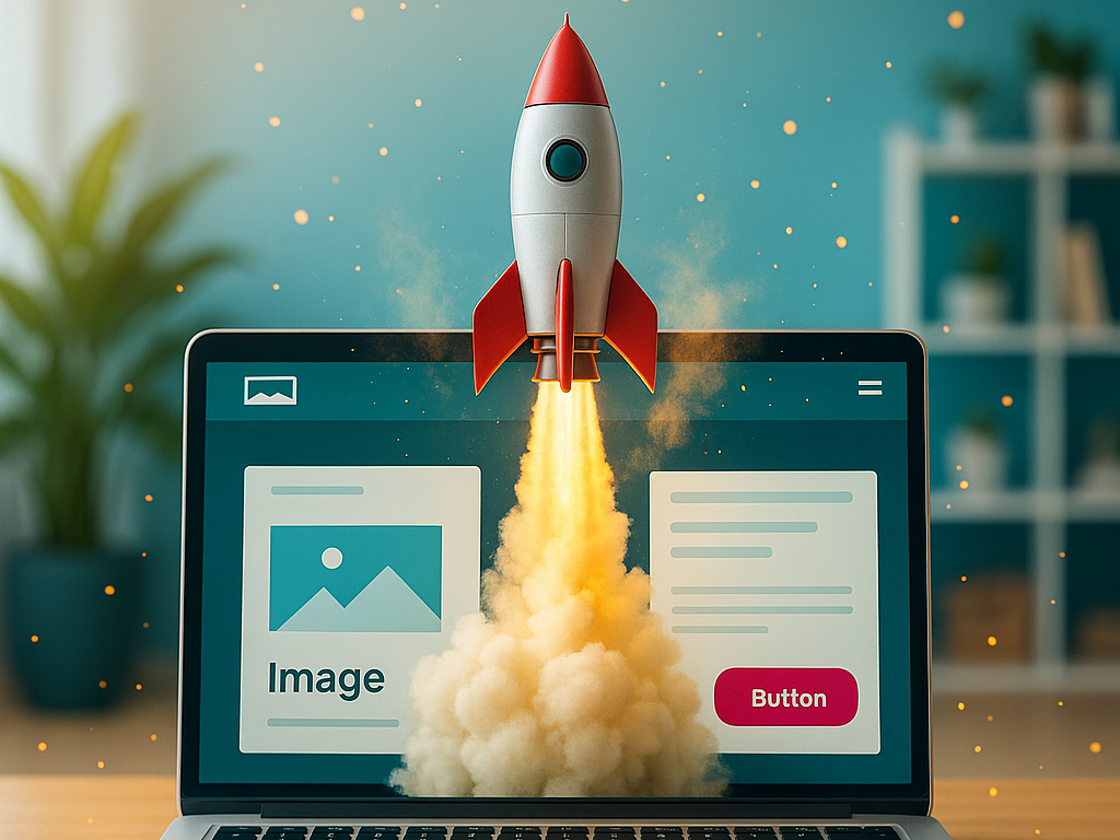  Illustration einer rot-weißen Rakete, die mit Feuer und Rauch aus einem Laptop mit Webdesign-Oberfläche abhebt.