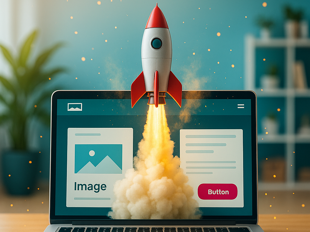  Illustration einer rot-weißen Rakete, die mit Feuer und Rauch aus einem Laptop mit Webdesign-Oberfläche abhebt.