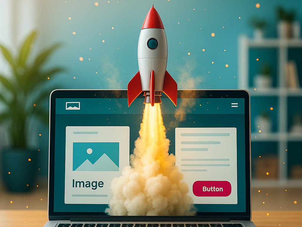  Illustration einer rot-weißen Rakete, die mit Feuer und Rauch aus einem Laptop mit Webdesign-Oberfläche abhebt.