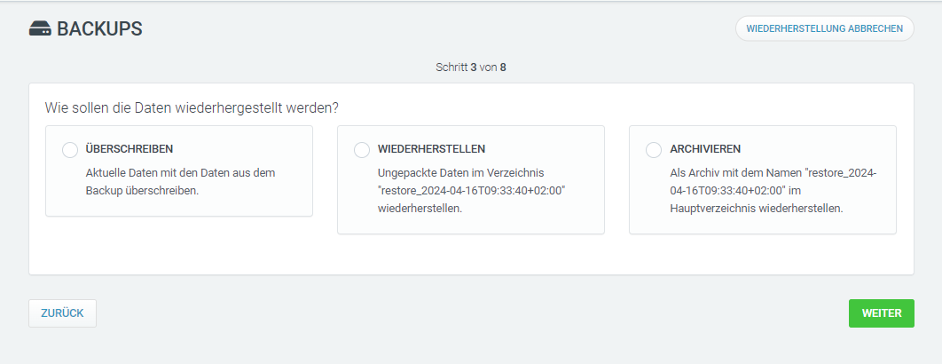 Web & Mail Control Panel - Backups - Restore Option auswählen
