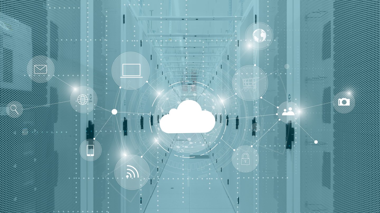 Cold aisle in a data center with cloud visualization