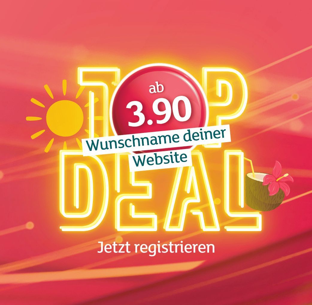 Werbebanner „Top Deal“ für den Wunschnamen einer Website ab 3.90 Franken mit einer Sonne und einer Kokosnuss auf rotem Hintergrund.