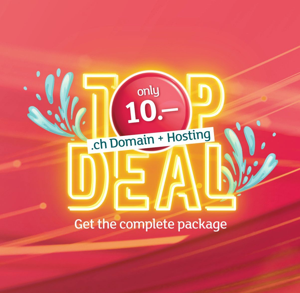 Promotional banner "Top Deal" for 10 Swiss francs featuring hosting and a .ch domain on a red background with light effects.
