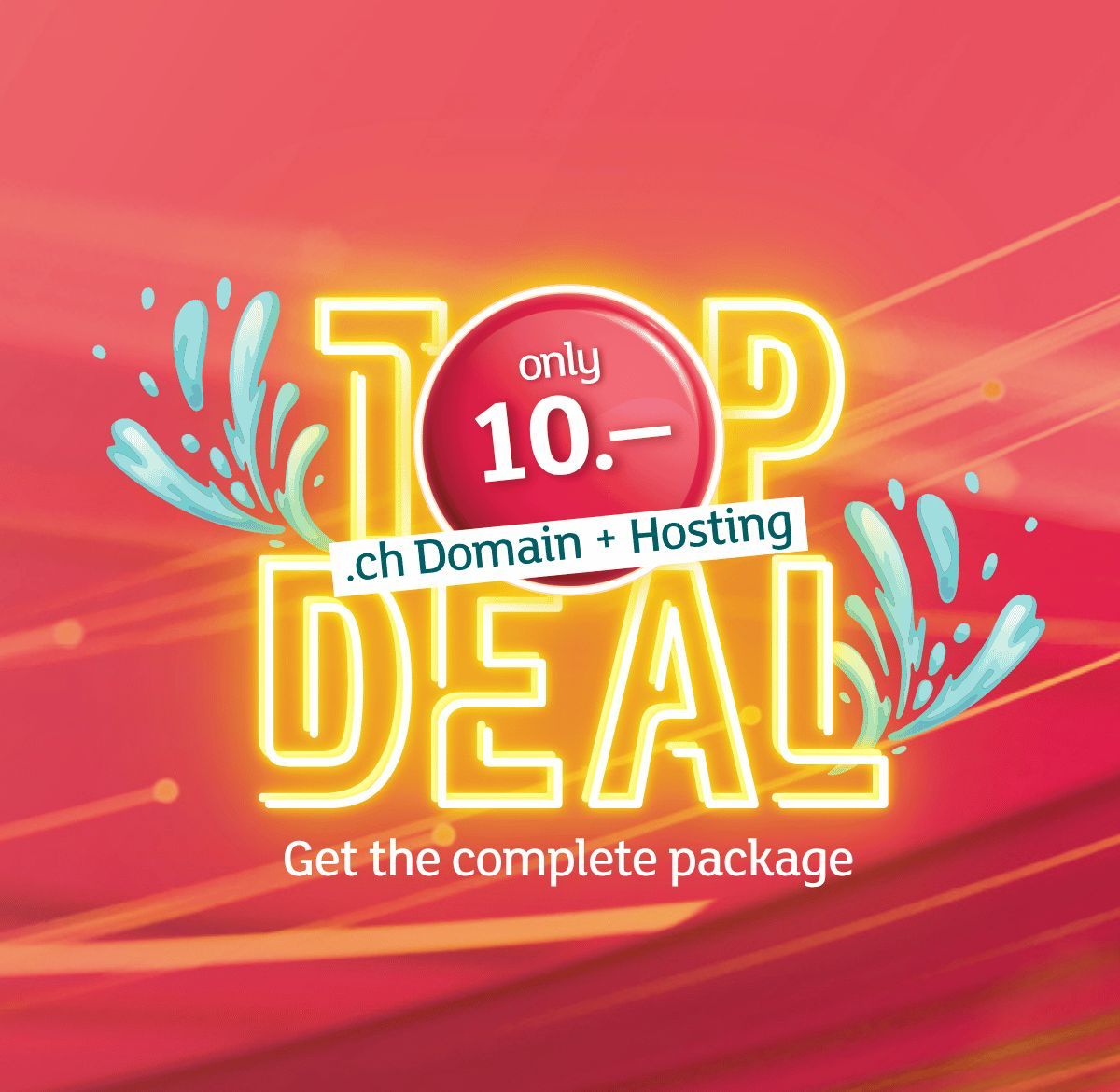 Promotional banner "Top Deal" for 10 Swiss francs featuring hosting and a .ch domain on a red background with light effects.