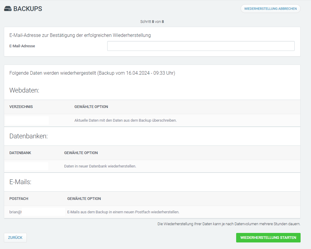 Web & Mail Control Panel - Backup - Übersicht & Bestätiung