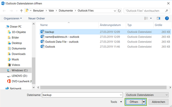 Outlook-Datendatei öffnen