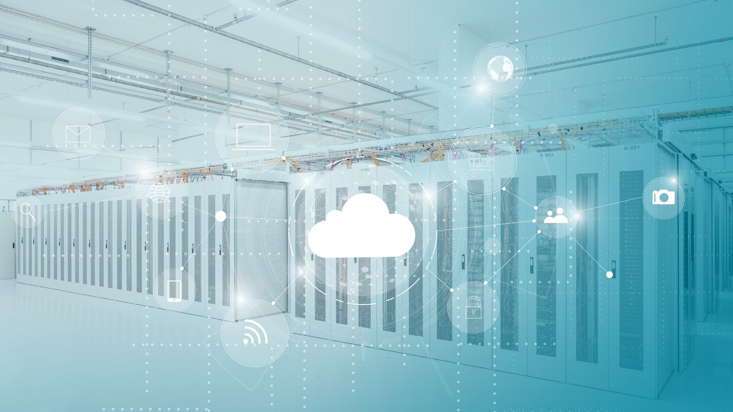 Green data center server room with cloud visualization