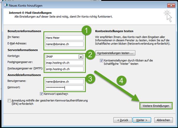 Neues Konto hinzufügen Internet E-Mail Einstellungen