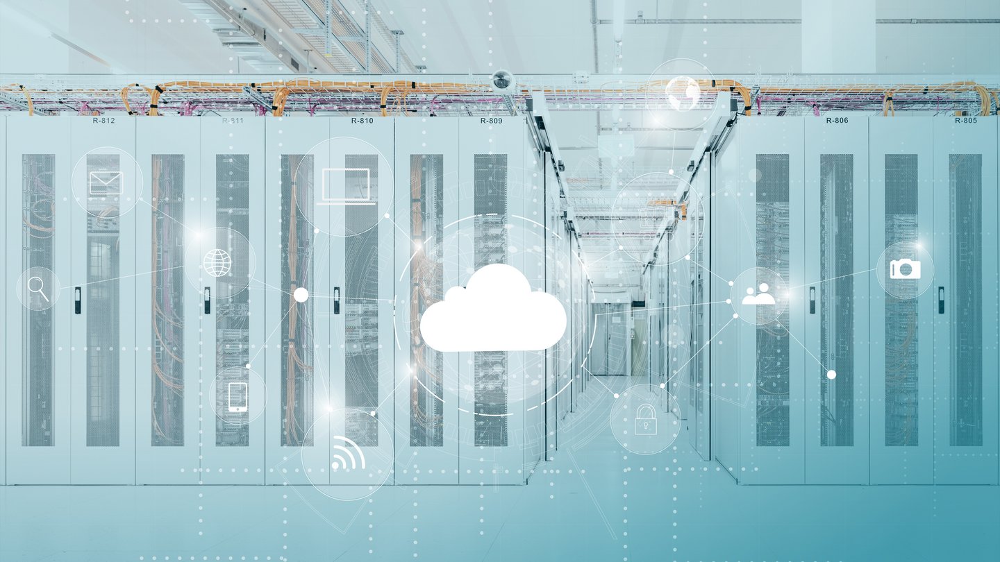 Cold aisle in a Green Datacenter server room with cloud visualization
