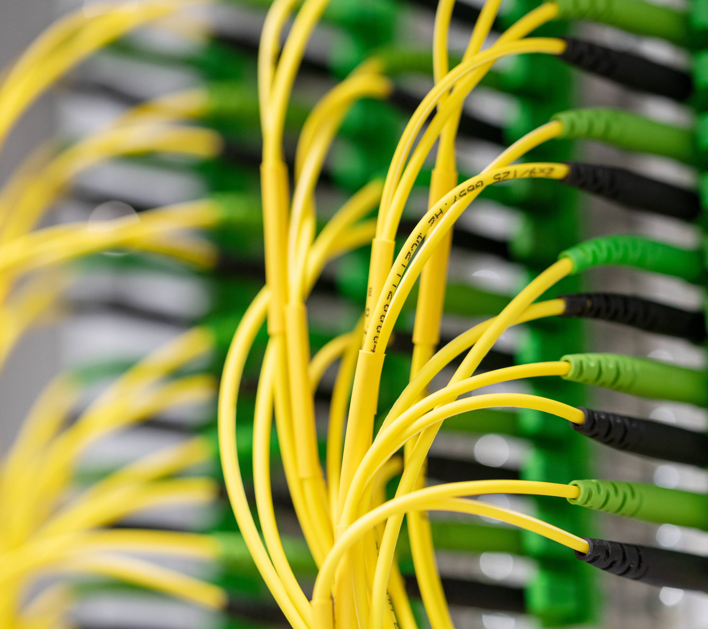 Yellow, thin fiber optic cables, plugged in close together