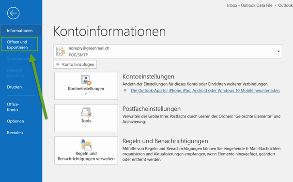 Outlook Kontoinformationen Öffnen und Exportieren