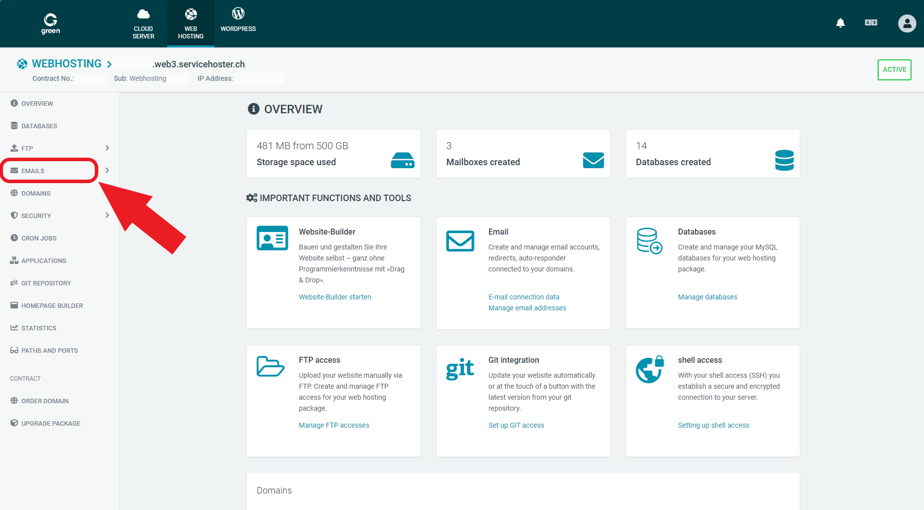 Web & Mail Control Panel - Emails inside of navigation bar