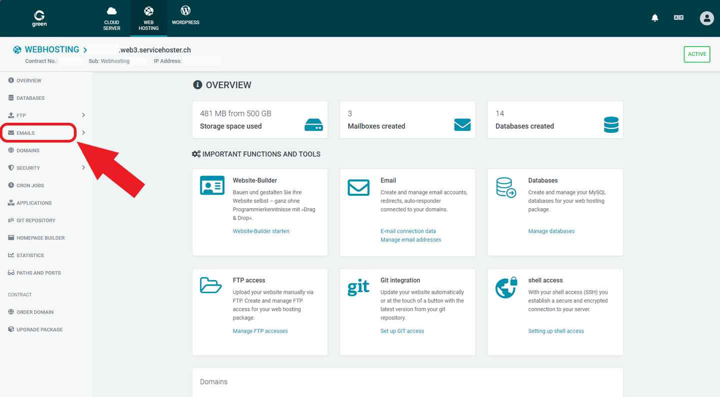 Web & Mail Control Panel - Emails inside of navigation bar
