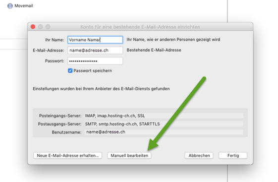 Konto für eine bestehende E-Mailadresse hinzufügen ( manuell bearbeiten)