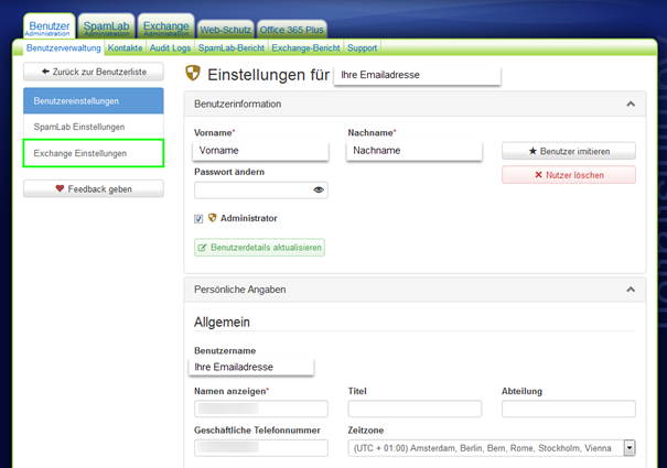 Benutzer / Benutzerverwaltung / Exchange Einstellungen