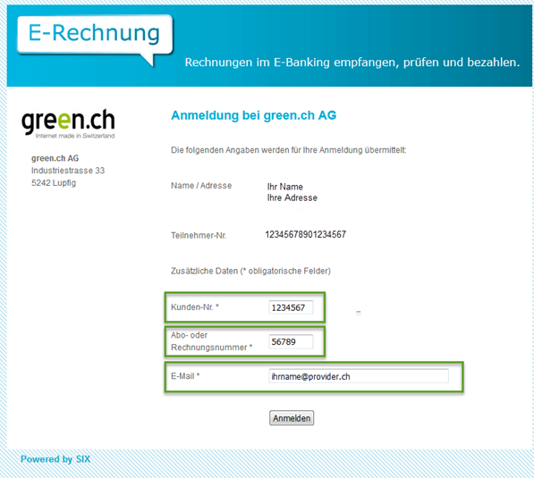 e-Bill Anmeldung bei green.ch