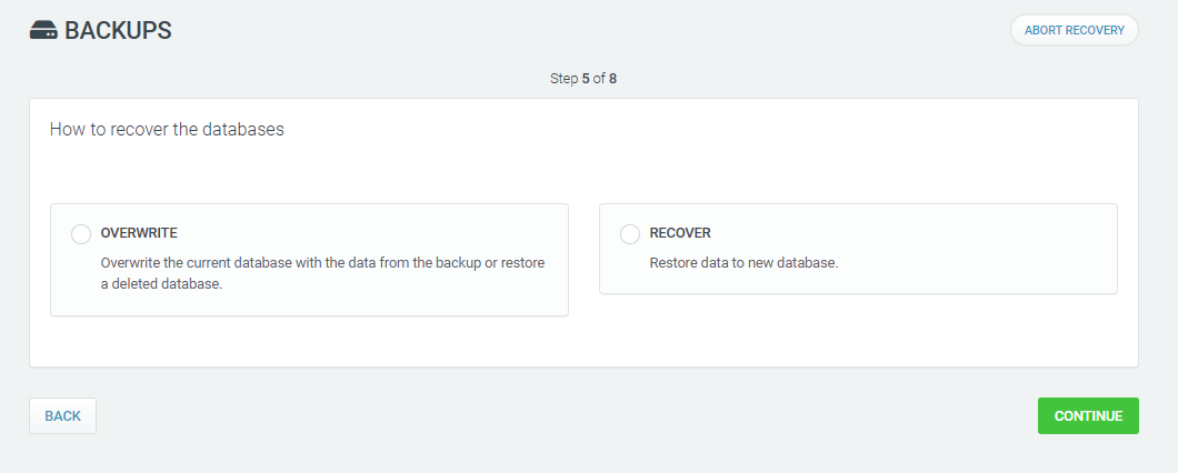 Web & Mail Control Panel - Backups - Database - Select Recovery Type