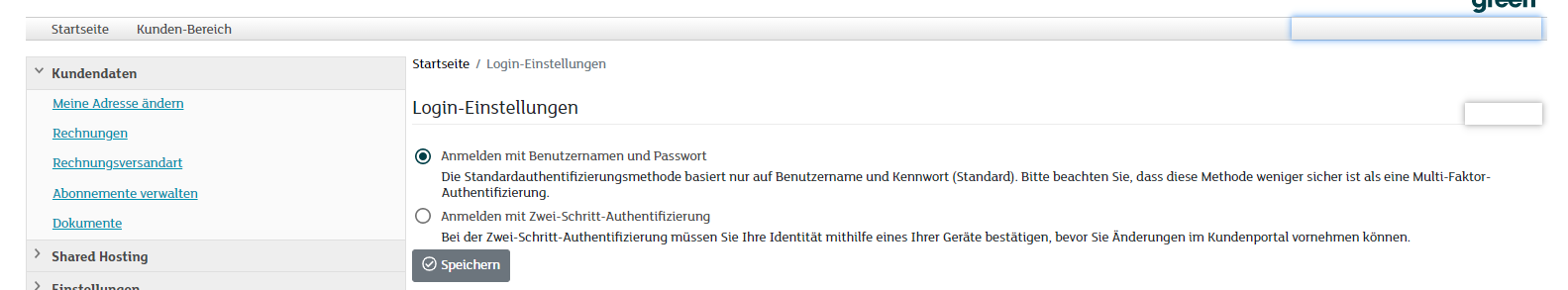 my.green.ch Kundenportal - Logineinstellungen