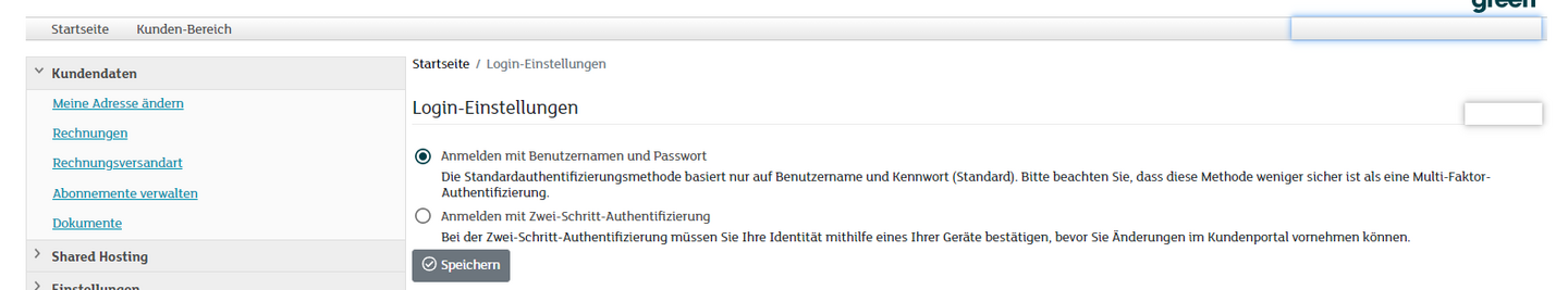 my.green.ch Customer Portal - Login Settings