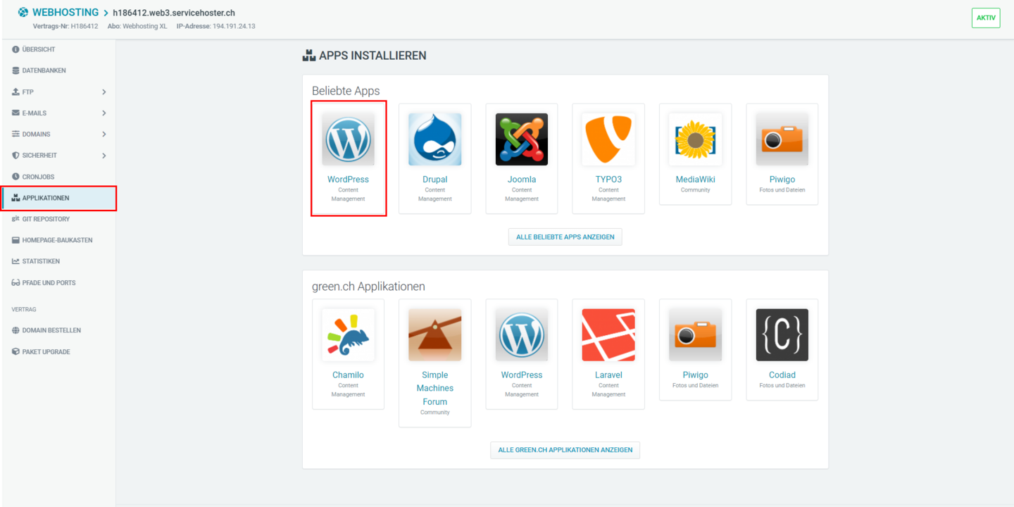 Web & Mail Control Panel - WordPress Applikationsinstaller