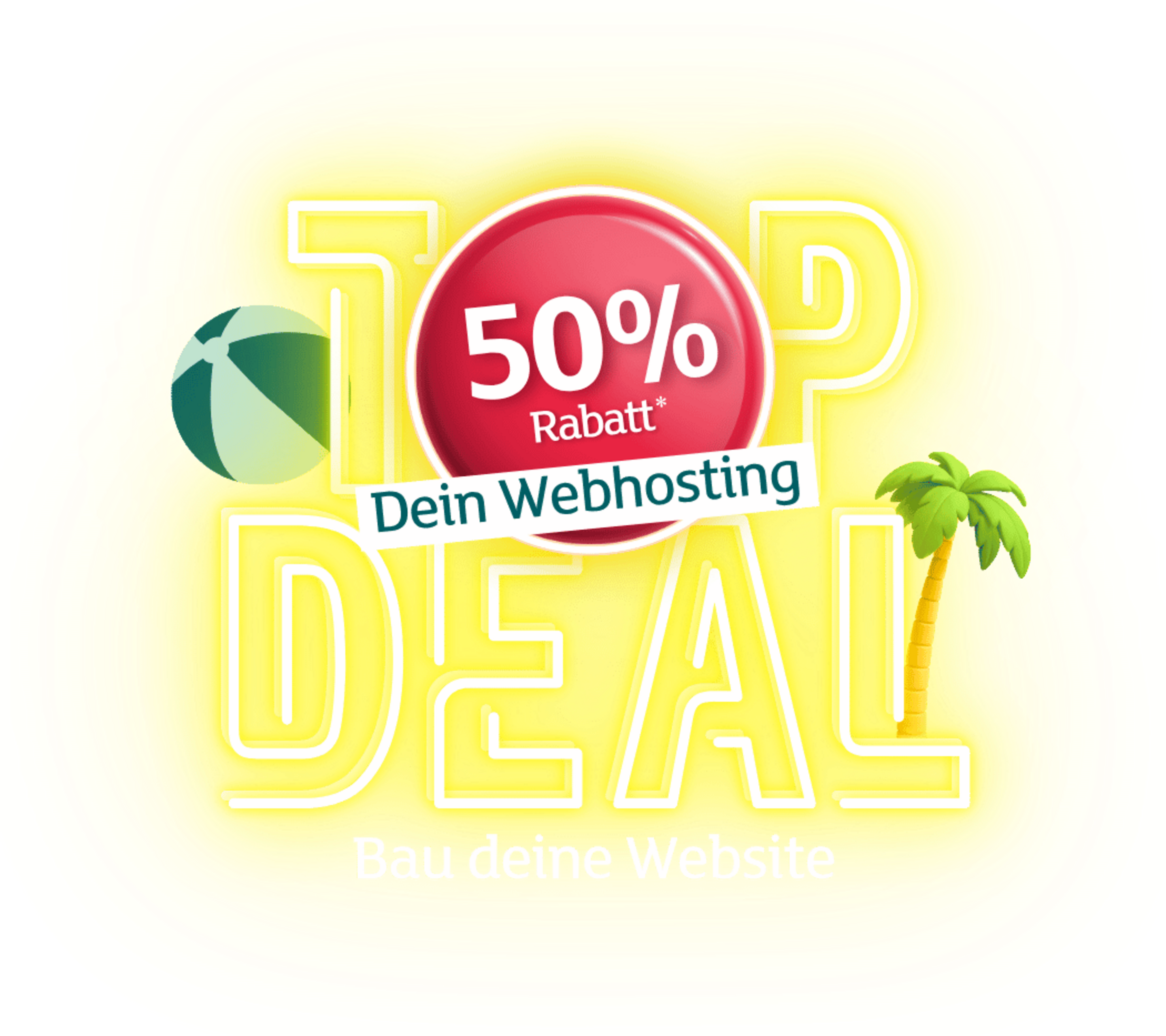 Grafik eines Webhosting-Angebots mit der Aufschrift „TOP DEAL“, einem roten Button mit „50% Rabatt“, einer Palme und einem Strandball.
