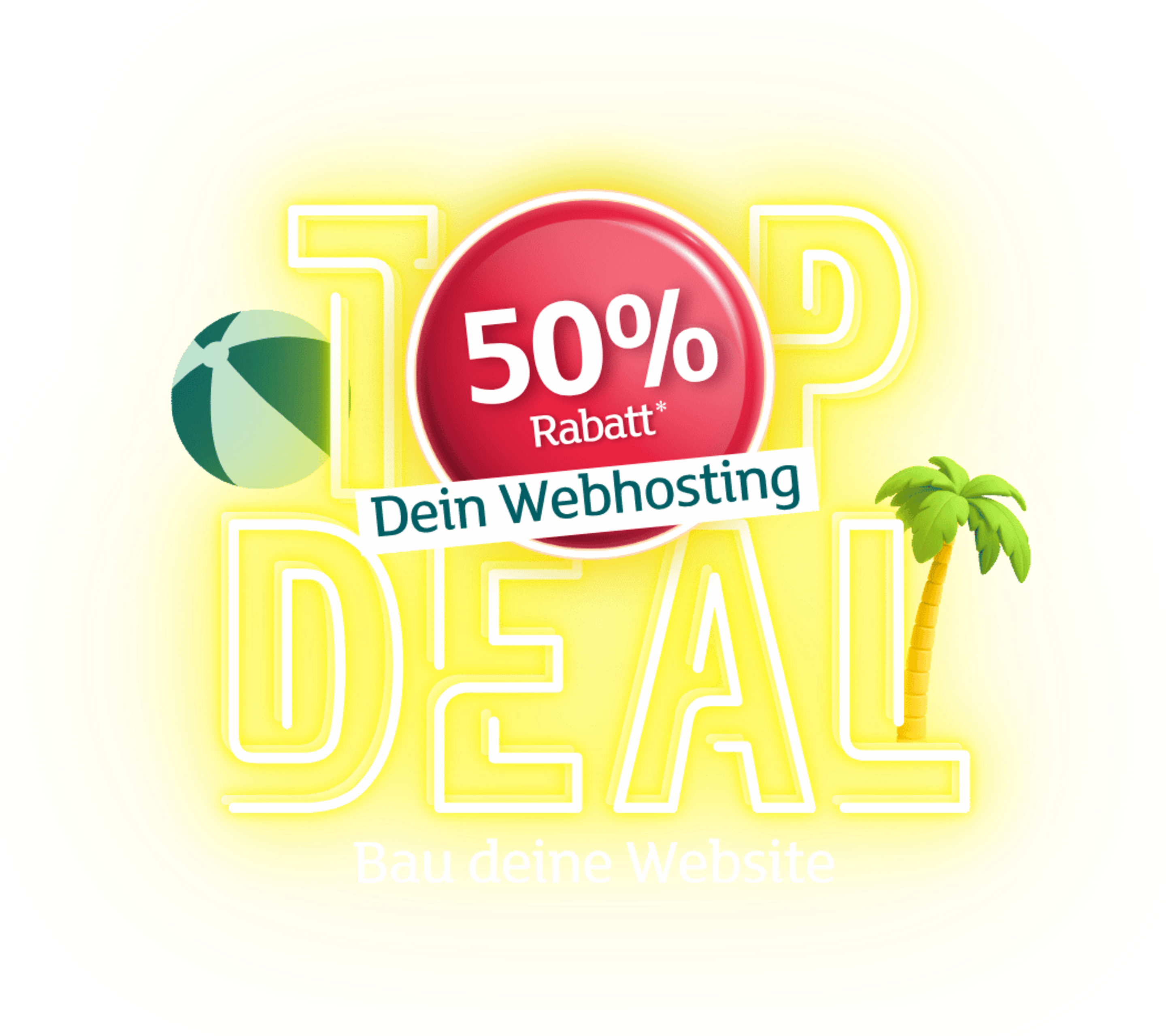 Grafik eines Webhosting-Angebots mit der Aufschrift „TOP DEAL“, einem roten Button mit „50% Rabatt“, einer Palme und einem Strandball.