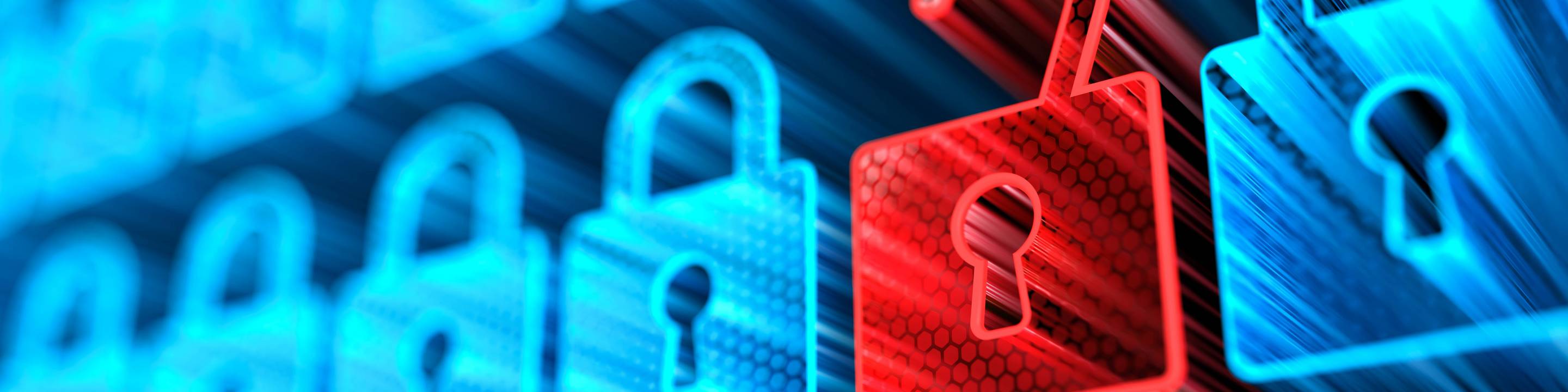 Ein rotes, geöffnetes Schloss als Einfallstor für Cyberattacken inmitten von blauen geschlossenen Schlössern