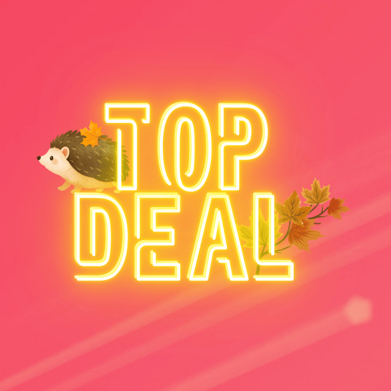 Top-Deal-Herbstaktion von green.ch mit Igel und bunten Herbstblättern auf pinkem Hintergrund.