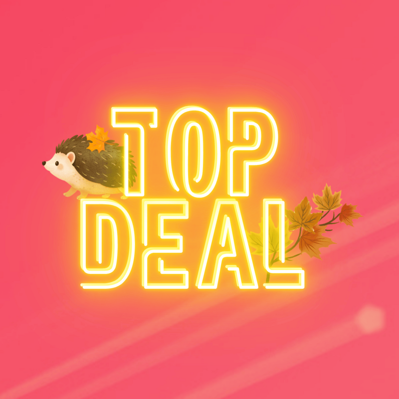 Top-Deal-Herbstaktion von green.ch mit Igel und bunten Herbstblättern auf pinkem Hintergrund.
