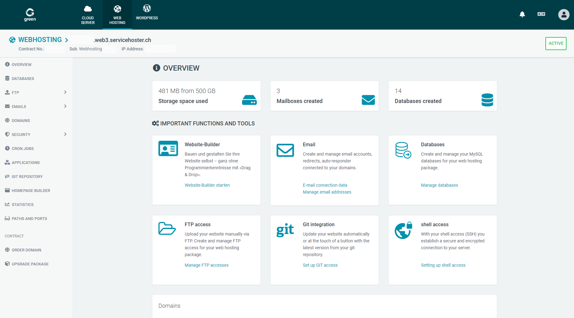 Web & Mail Control Panel - User Interface