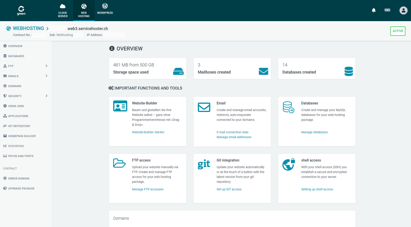 Web & Mail Control Panel - User Interface