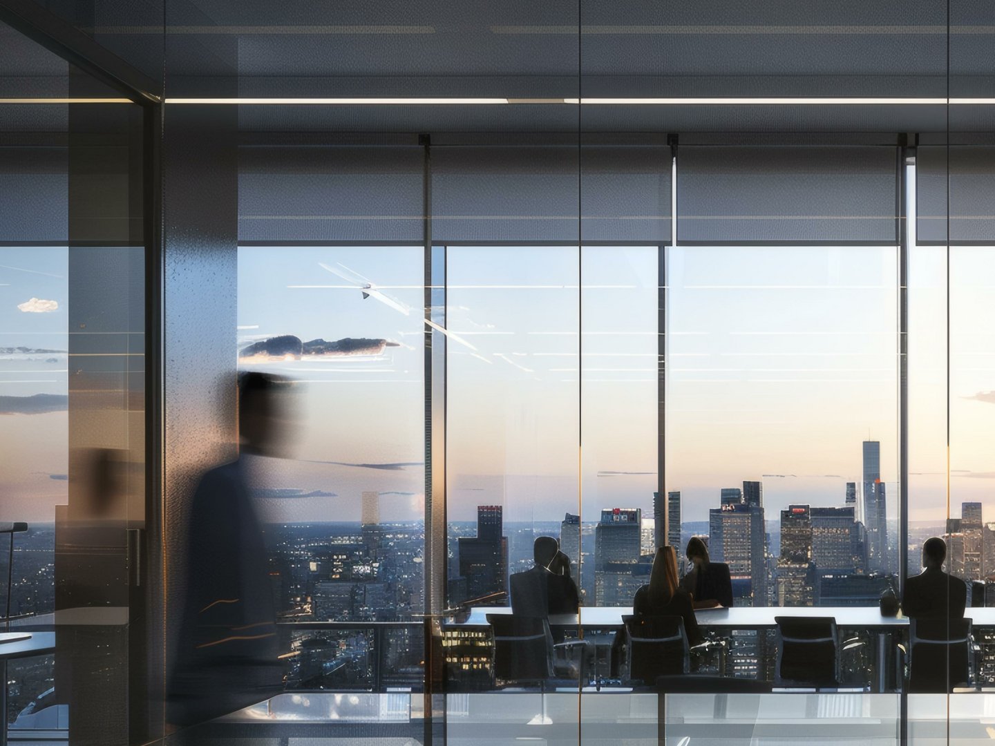 Mann im Hochhaus mit Skyline im Hintergrund und eine Gruppe in einem Meeting