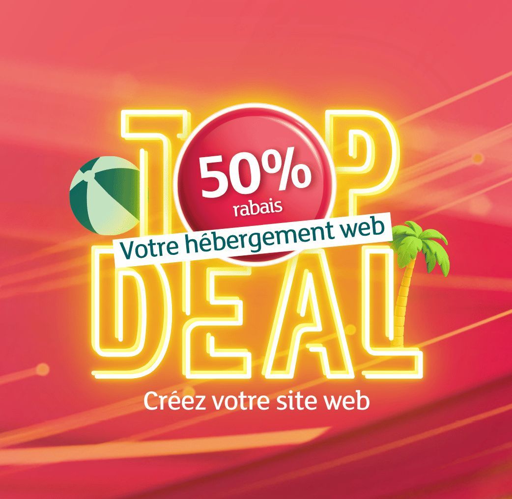 Bannière promotionnelle « Top Deal » avec un rabais de 50 % sur l'hébergement web, illustrée par un ballon de plage et un palmier sur fond rouge.
