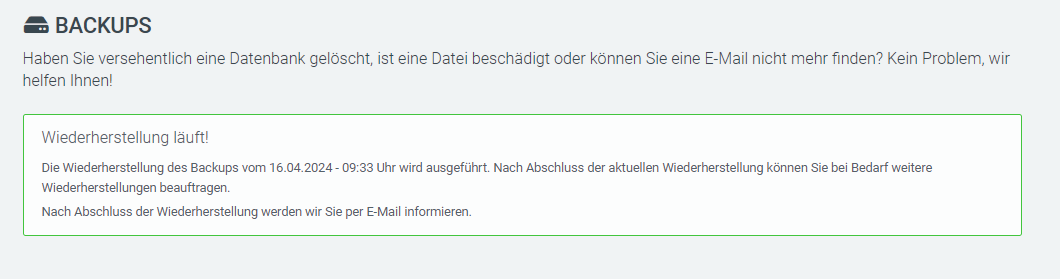 Web & Mail Control Panel - Backup - Bestätiung