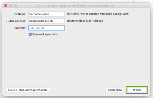 Konto für eine bestehende E-Mailadresse hinzufügen