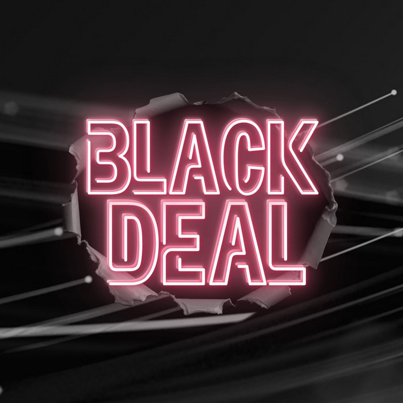 Black Deal Neon-Schriftzug mit dynamischen Lichtlinien für die Black Weeks Werbeaktion