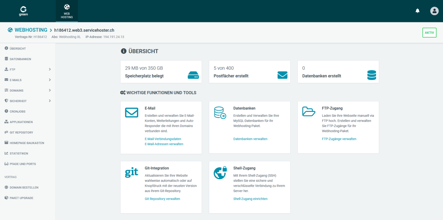 Web & Mail Control Panel - Übersicht