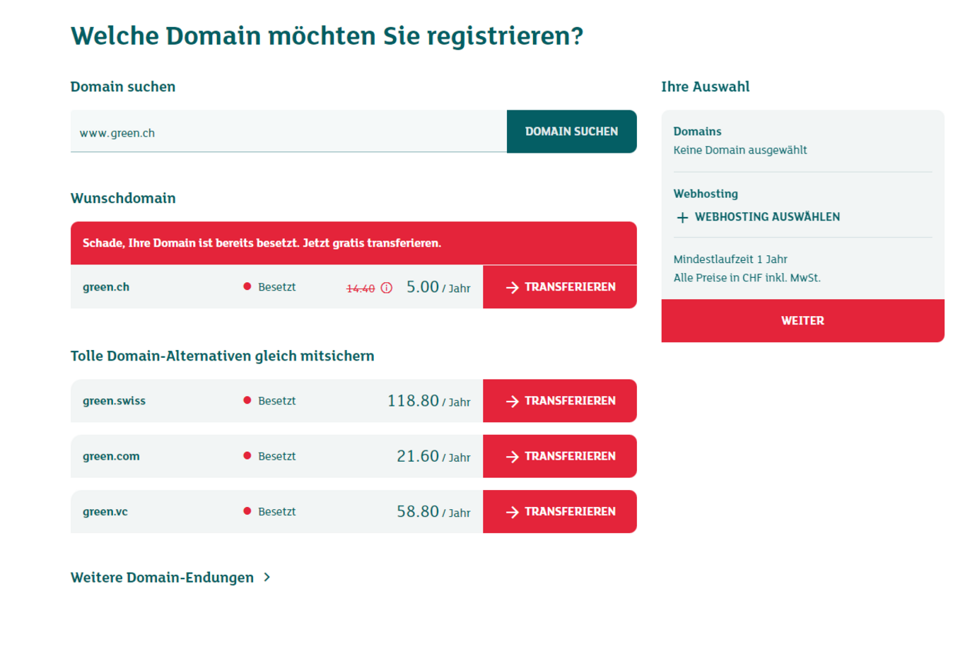 Domain ist besetzt auf Green Homepage.