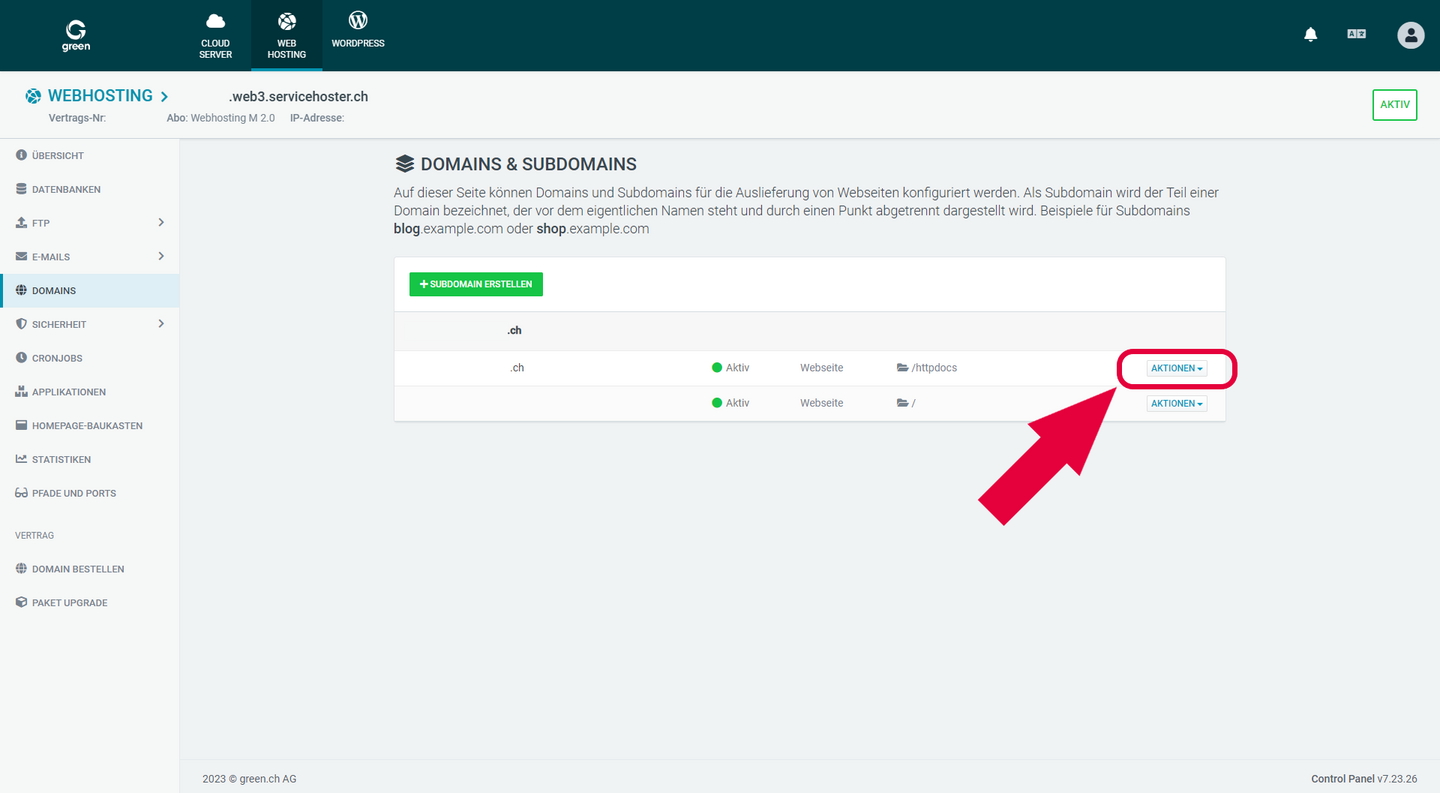 Web & Mail Control Panel - Domains - Select the Button Actions