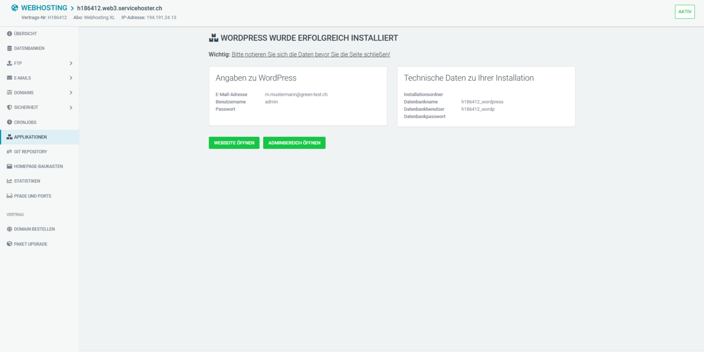Web & Mail Control Panel - WordPress Installationsbestätigung