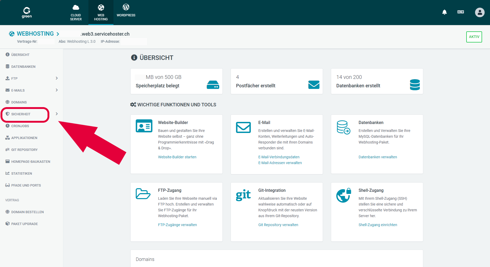 Web & Mail Control Panel - Sicherheit Menü Option
