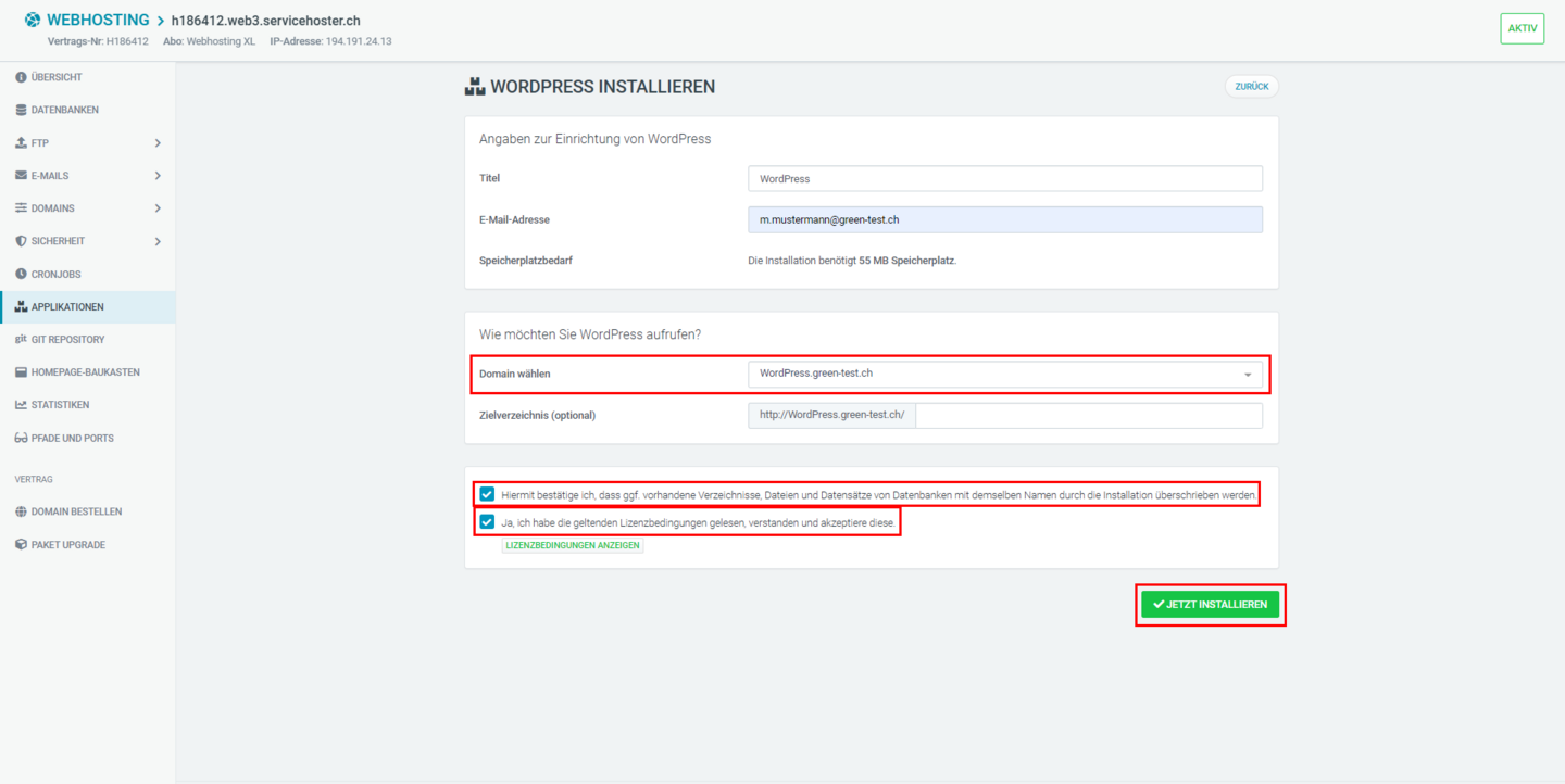 Web & Mail Control Panel - WordPress Installationsübersicht