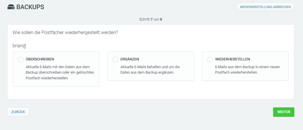 Web & Mail Control Panel - Backup - E-Mail-Adresse - Wiederherstellungsoption auswählen
