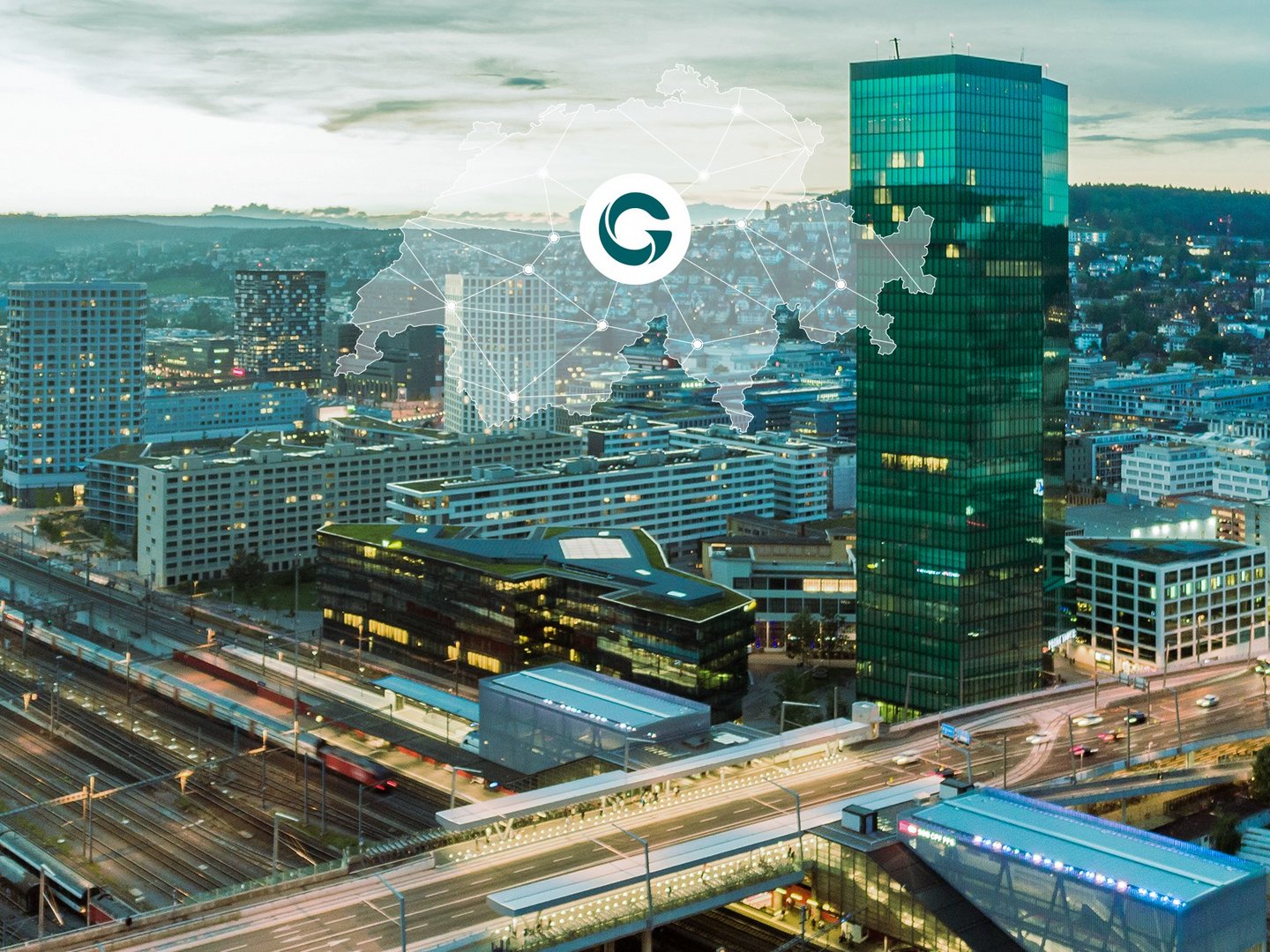 Panoramic view of Zurich with the church towers of Fraumünster and St. Peter in the foreground. Overlaid graphic lines and dots represent digital connectivity.
