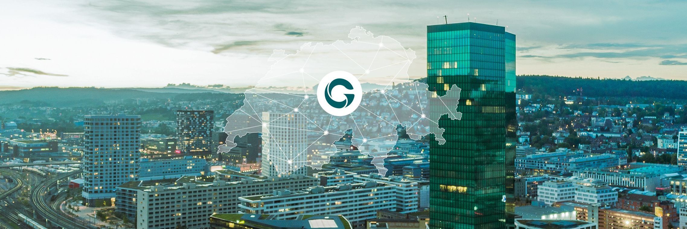 Panoramic view of Zurich with the church towers of Fraumünster and St. Peter in the foreground. Overlaid graphic lines and dots represent digital connectivity.