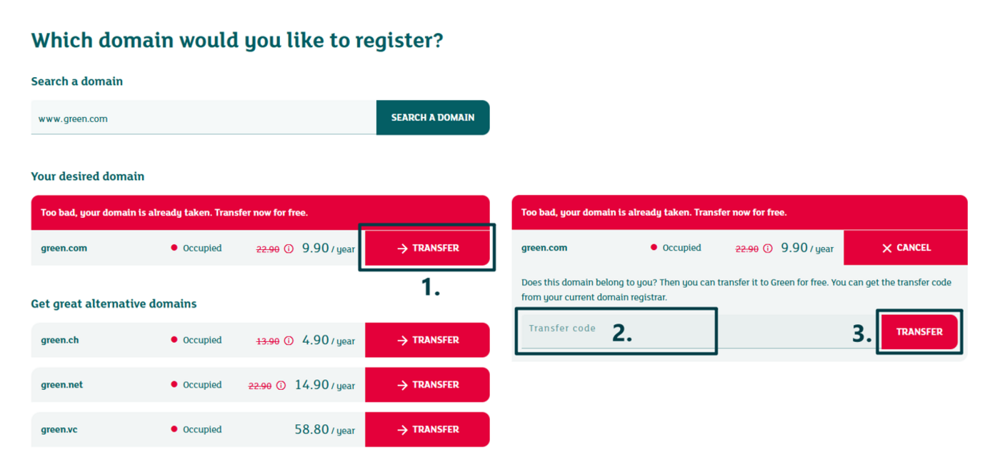 Screenshot of the domain transfer initialization in Green's order process