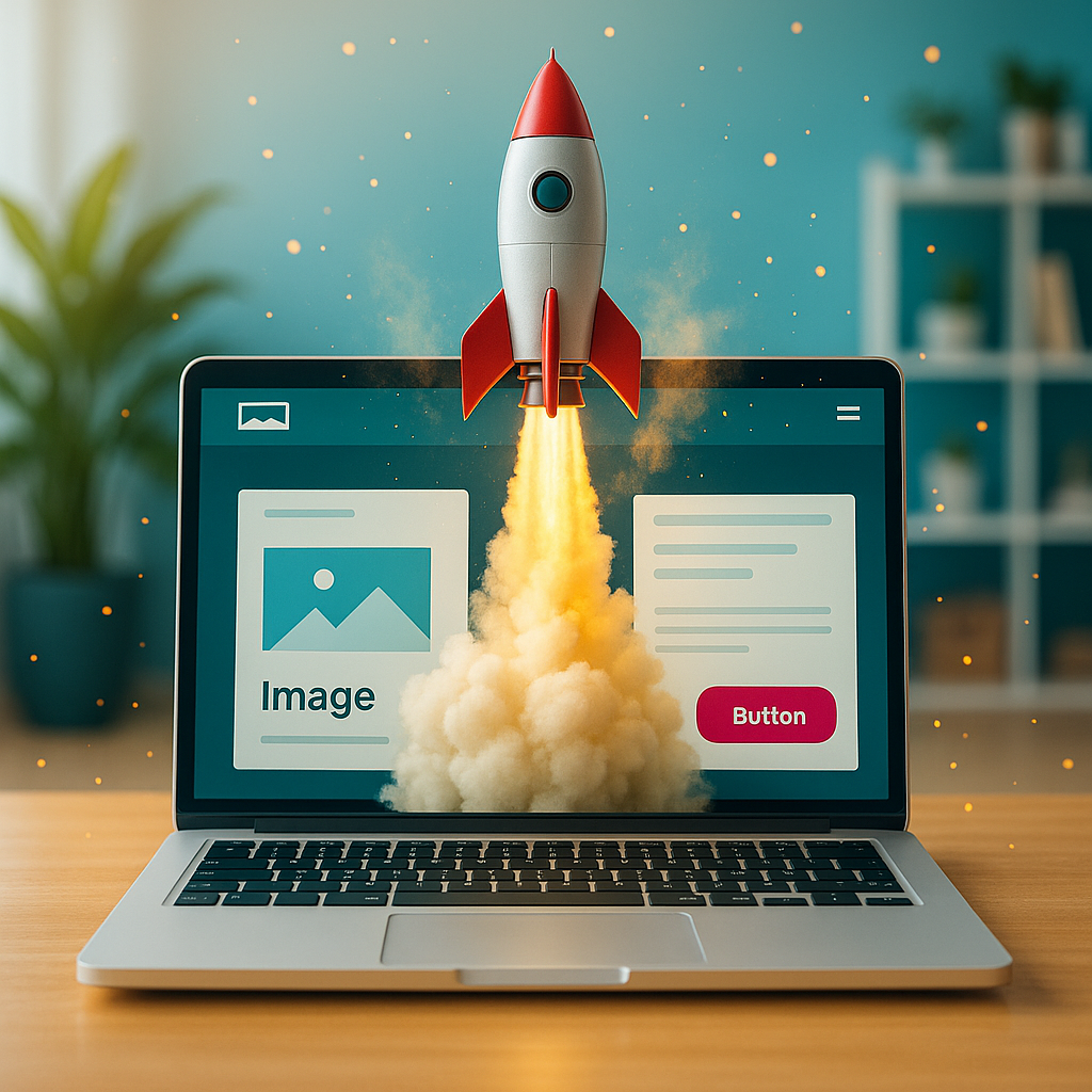  Illustration einer rot-weißen Rakete, die mit Feuer und Rauch aus einem Laptop mit Webdesign-Oberfläche abhebt.